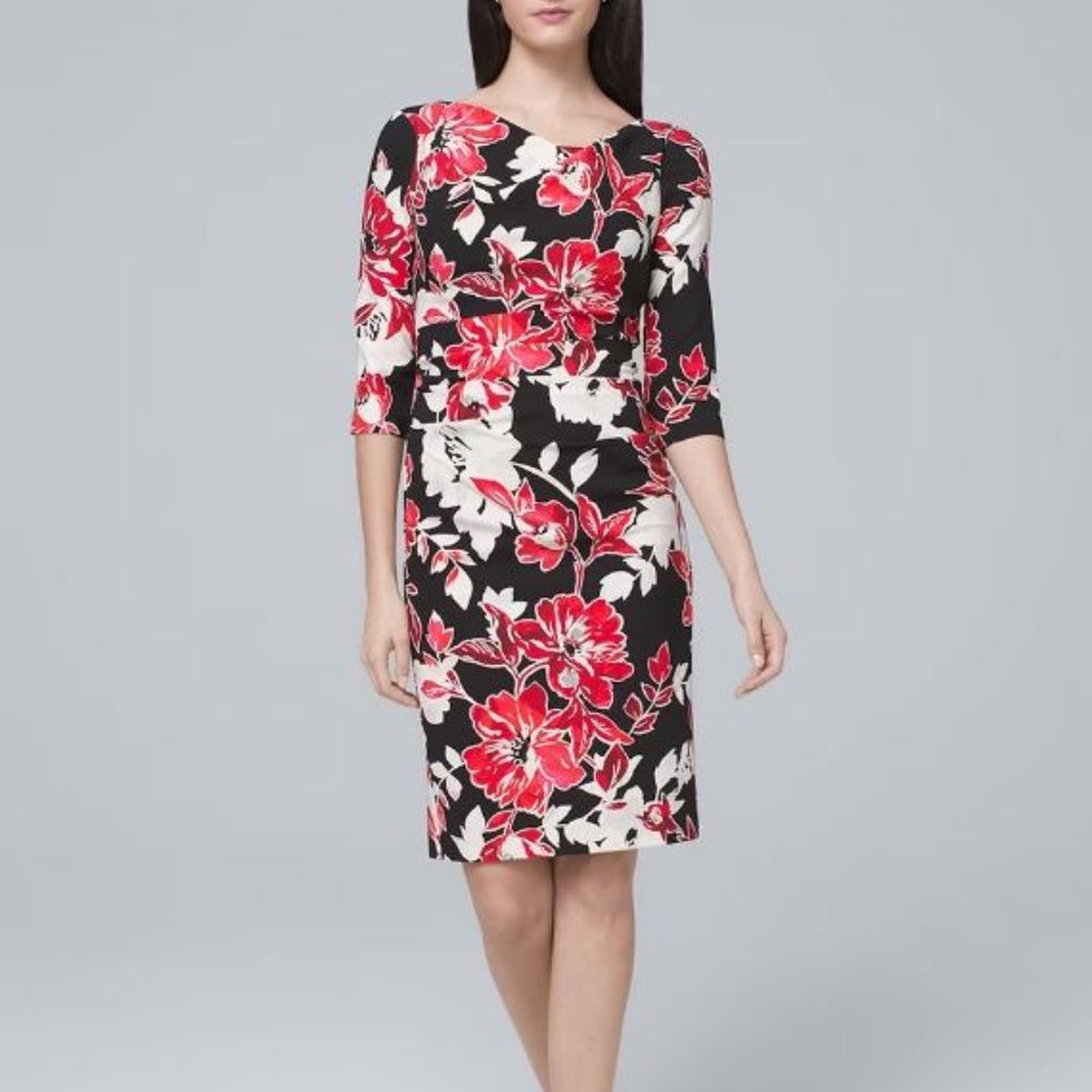White House Black Market Black Floral Sheath Dress with Red and White Flowers